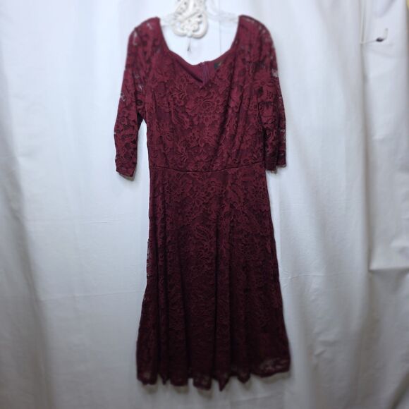 DRESSYSTAR Midi A-line Dress Lace Overlay Fit and Flare Burgandy 3/4 Sleeves XL - Picture 2 of 11